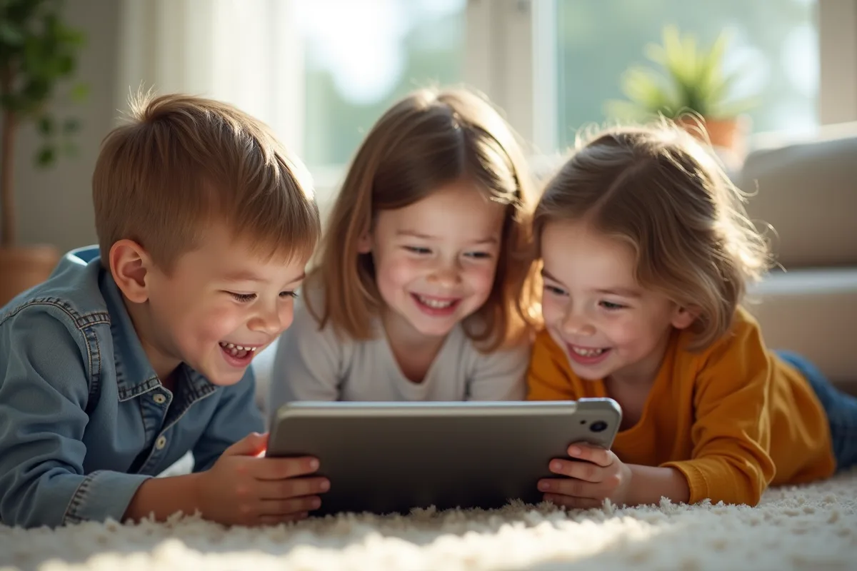 Enfants jouant ensemble dans un salon lumineux avec une tablette