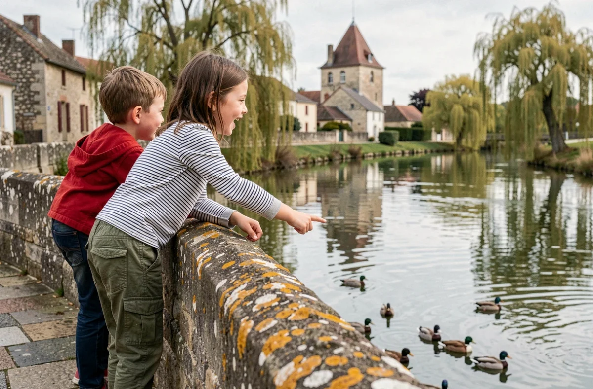 Enfants observant des canards depuis un pont de pierre dans un village de Seine-et-Marne
