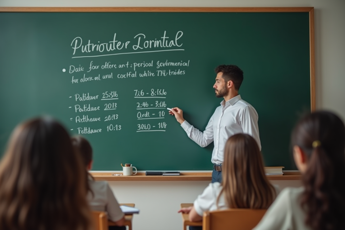Enseignant écrivant sur un tableau noir avec des étudiants flous en premier plan