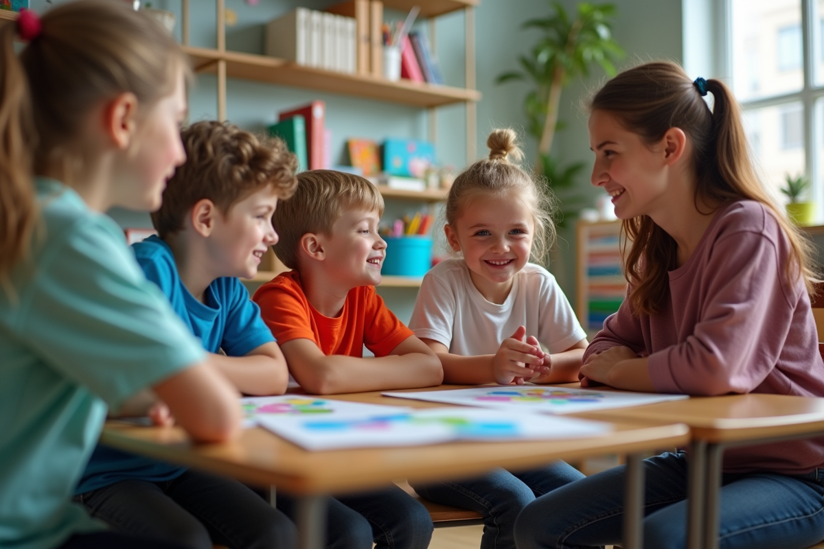 Enseignante discutant avec des enfants en classe d