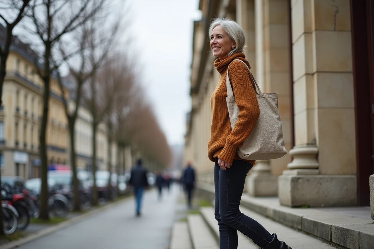 Femme politique et syndicale captée dans un moment candide entre vie publique et vie privée sur les marches d'un bâtiment parisien, illustrant le délicat équilibre personnel et professionnel