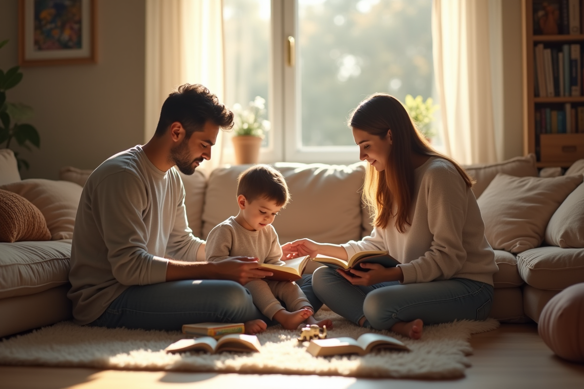 Parent et enfant avec mentor dans un salon chaleureux
