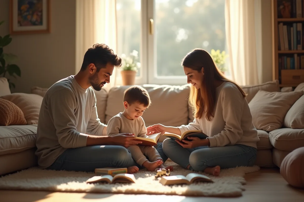 Parent et enfant avec mentor dans un salon chaleureux