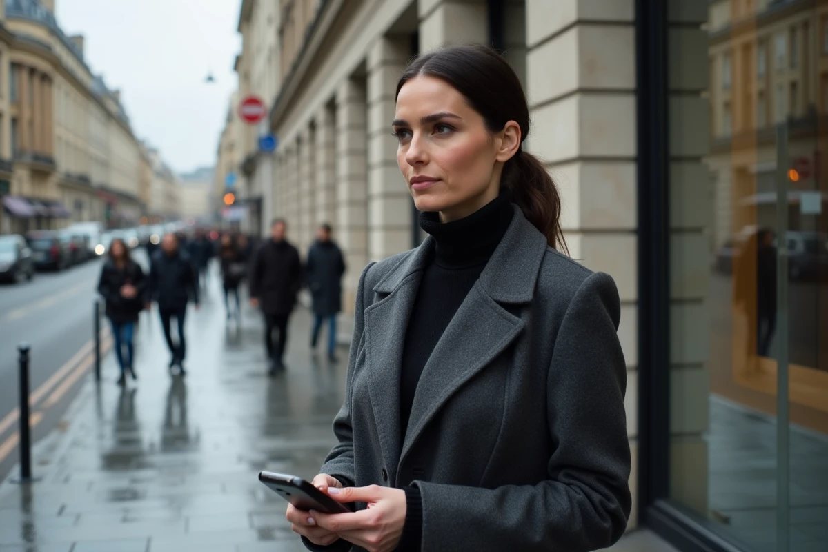 Femme de médias française face à l'exposition publique devant un bâtiment de presse parisien, illustrant la tension entre notoriété et intimité
