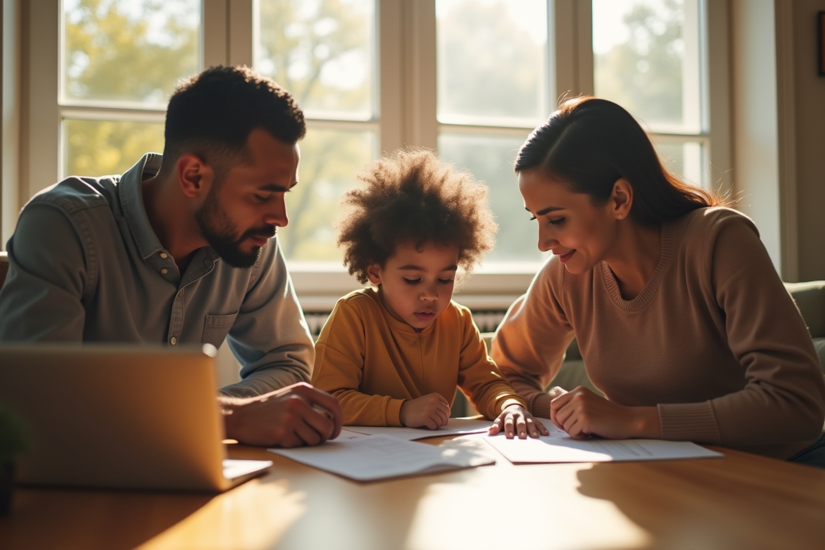 Famille diverse aidant leur enfant à faire ses devoirs dans un salon lumineux