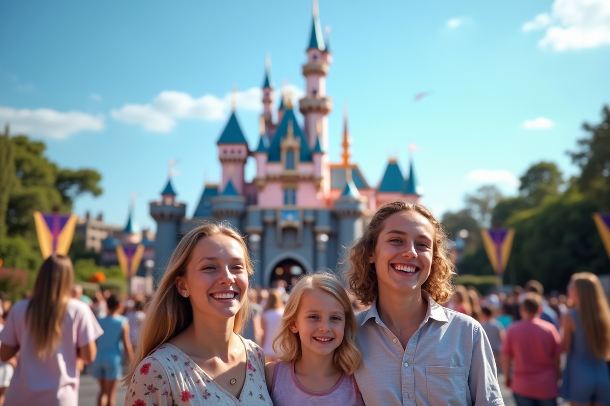 Famille heureuse devant le chateau de Disney Paris