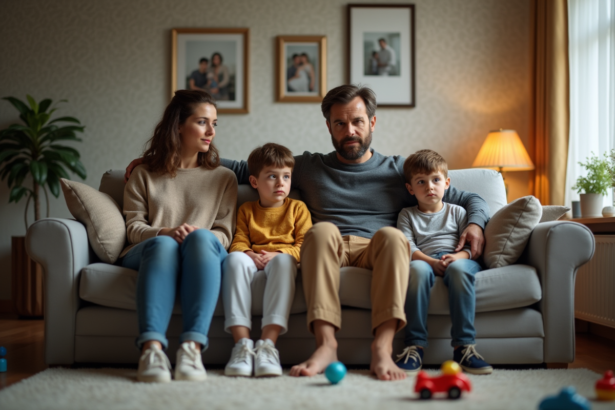 Famille de quatre assise sur un canapé dans le salon