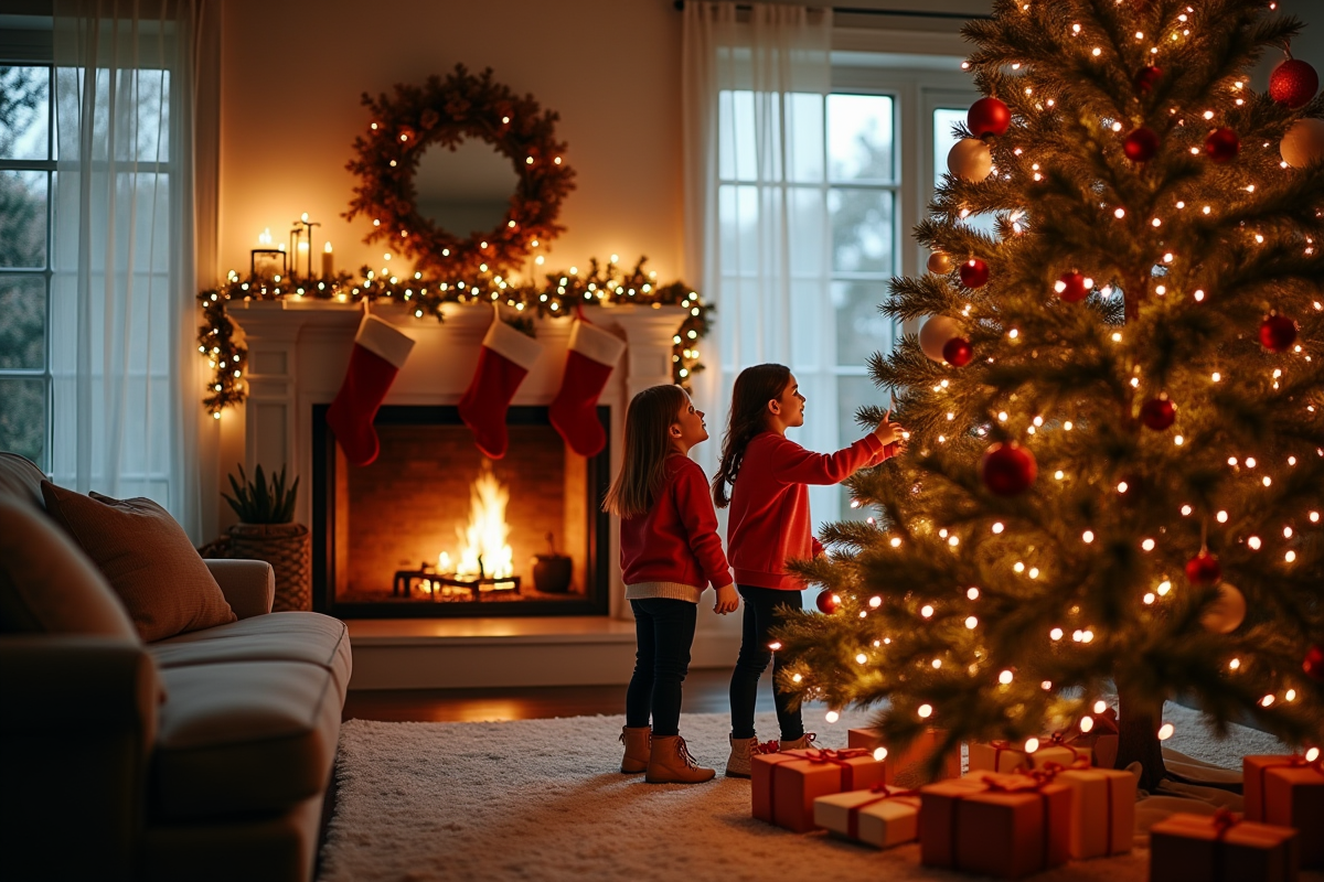 Famille américaine décorant un grand sapin de Noël dans leur salon chaleureux