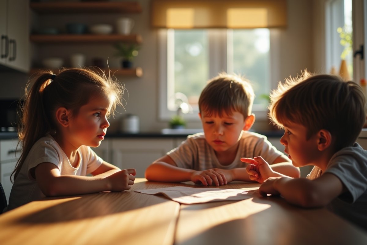Famille à la table de cuisine avec enfants anxieux et adulte pointant du doigt
