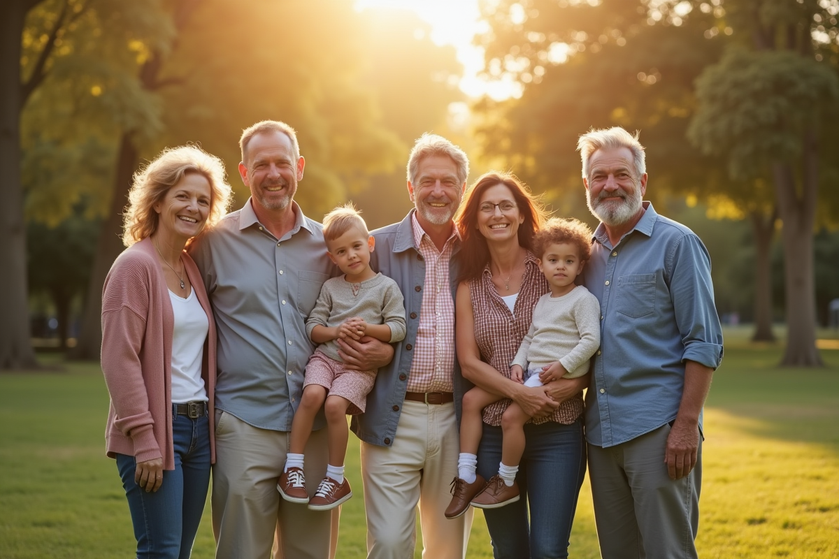 Famille multigenerationale unie dans un parc ensoleille