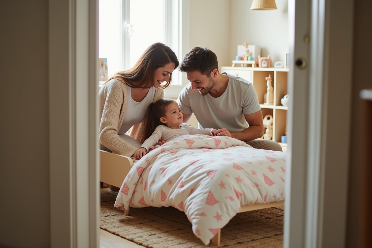 Famille heureuse préparant leur enfant dans un lit pour tout-petits