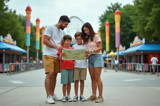 Famille de quatre personnes à l'entrée du parc d'attractions Walibi Rhône-Alpes tenant un plan du parc