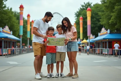 Famille de quatre personnes à l'entrée du parc d'attractions Walibi Rhône-Alpes tenant un plan du parc