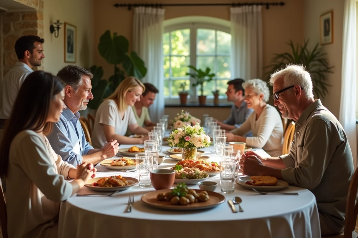 Famille française multigénérationnelle réunie autour d'un repas dominical dans une maison de province, évoquant les origines familiales et les racines d'un homme politique