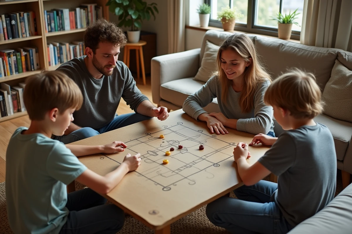 Famille jouant à un jeu de société artisanal sur carton avec des pions récupérés dans le salon