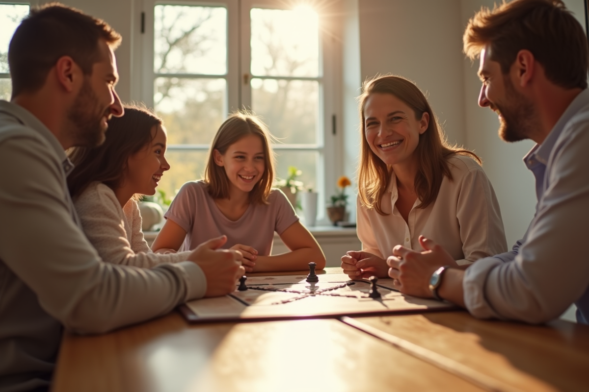 Famille de quatre jouant à un jeu de société dans un salon lumineux