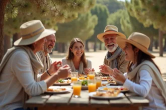 Famille multigénérationnelle partageant un repas en plein air dans un camping naturiste méditerranéen entouré de pins