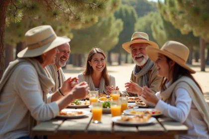 Famille multigénérationnelle partageant un repas en plein air dans un camping naturiste méditerranéen entouré de pins