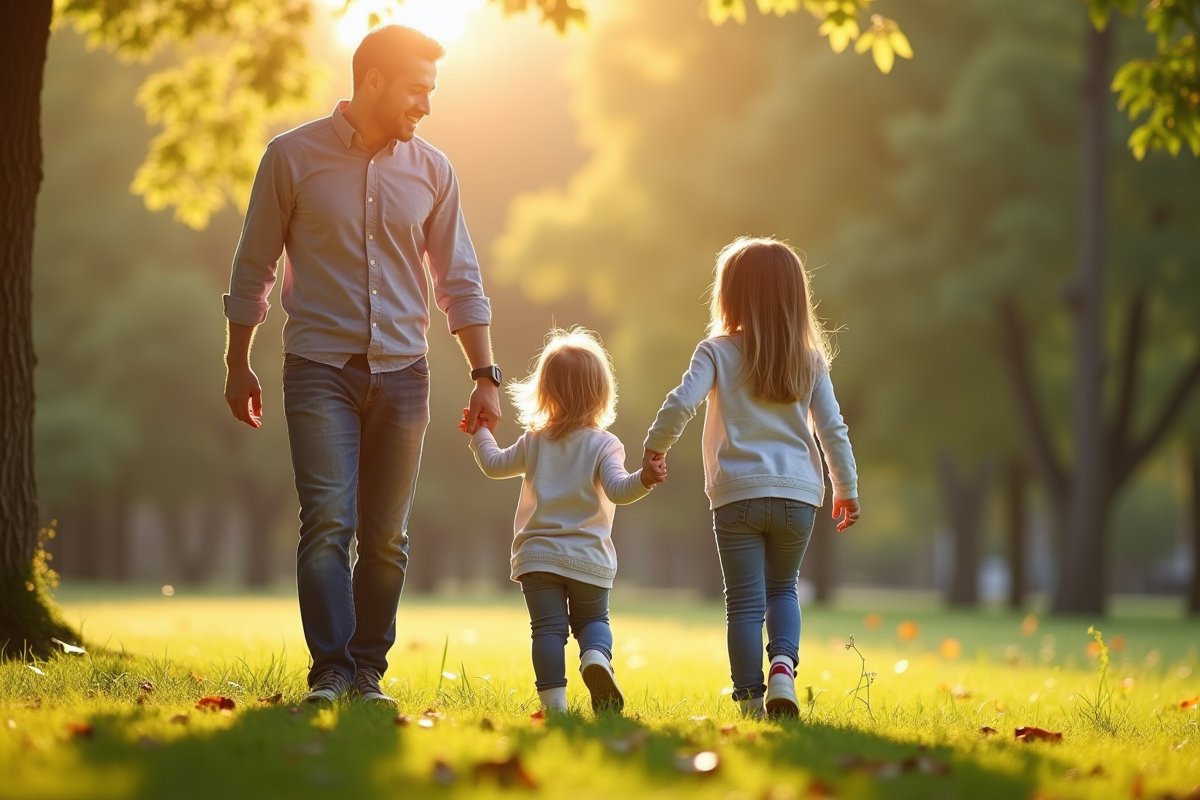 Famille dans un parc ensoleille avec un enfant et un parent