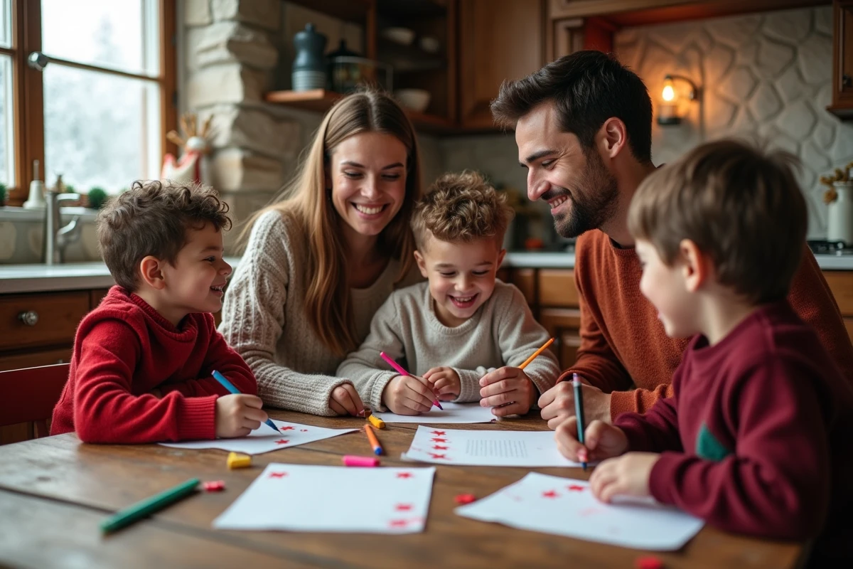 Famille de quatre décorant et personnalisant leurs lettres de Noël