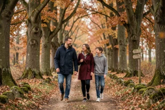 Famille se promenant sur un sentier forestier en Seine-et-Marne à l'automne