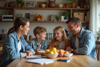 Famille de quatre autour d'une table en cuisine chaleureuse
