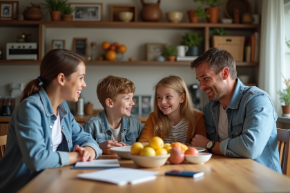 Famille de quatre autour d'une table en cuisine chaleureuse