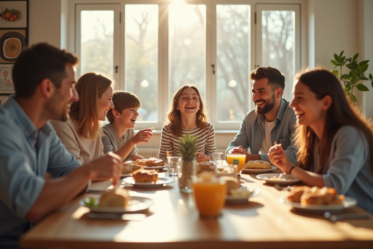 Famille souriante autour d'une grande table lumineuse