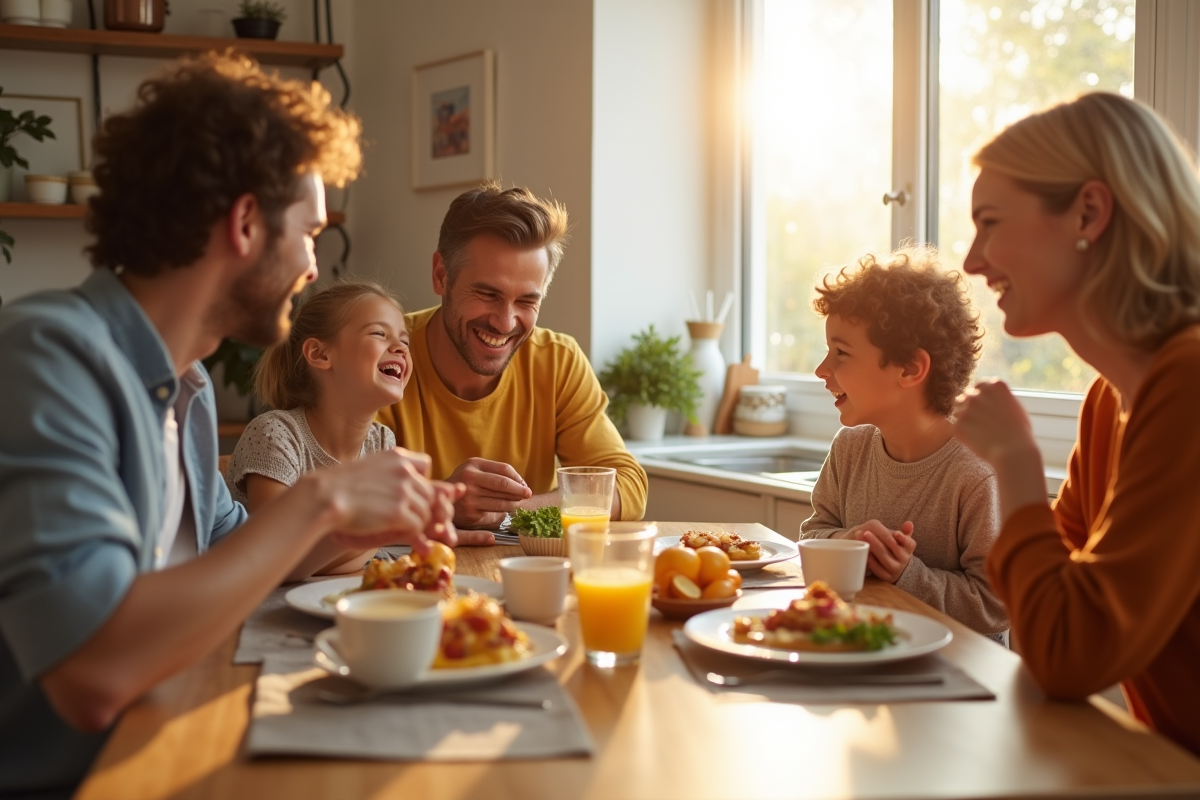 Famille souriante partageant un petit déjeuner sain à la cuisine