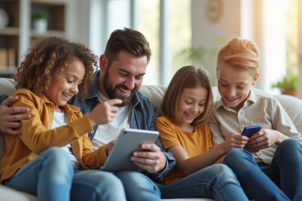 Famille souriante utilisant des smartphones dans un salon lumineux