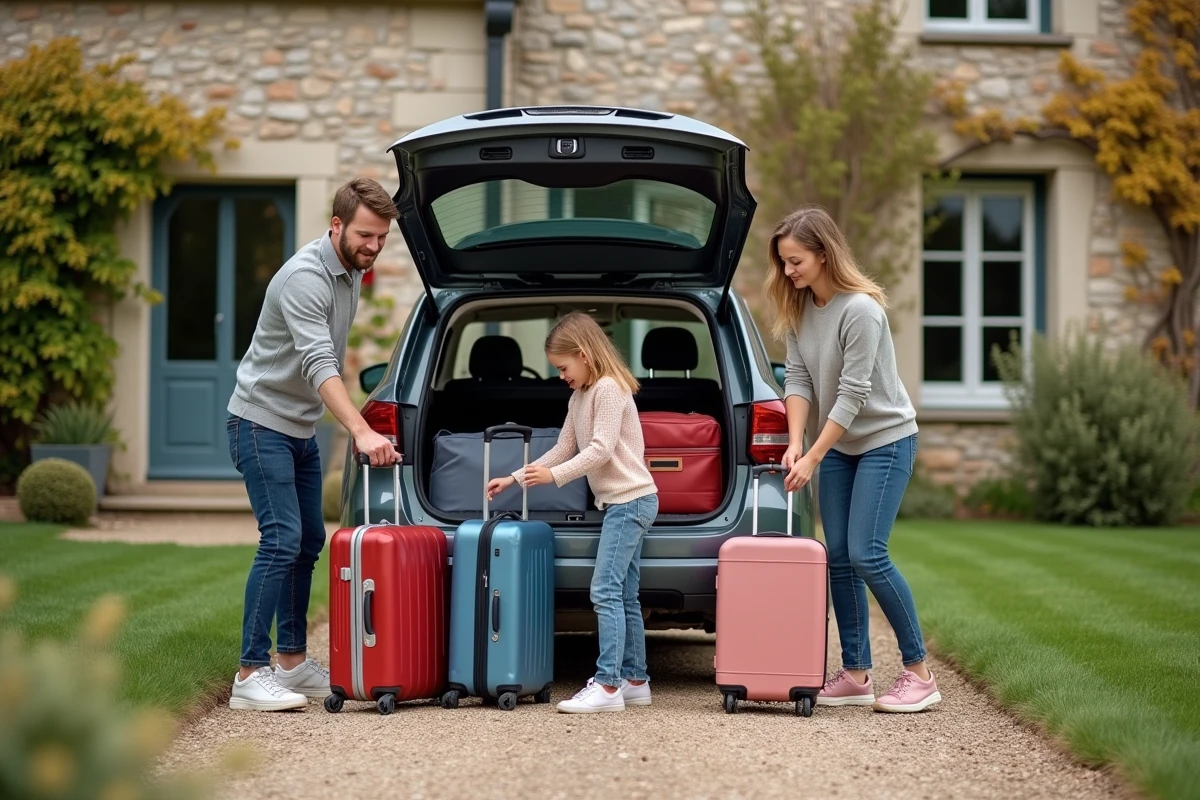 Famille en vacances déchargeant la voiture devant une maison