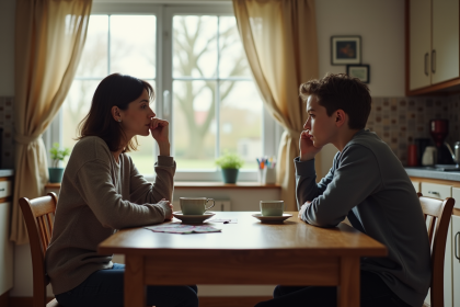 Femme et adolescent assis &agrave; une table de cuisine modeste