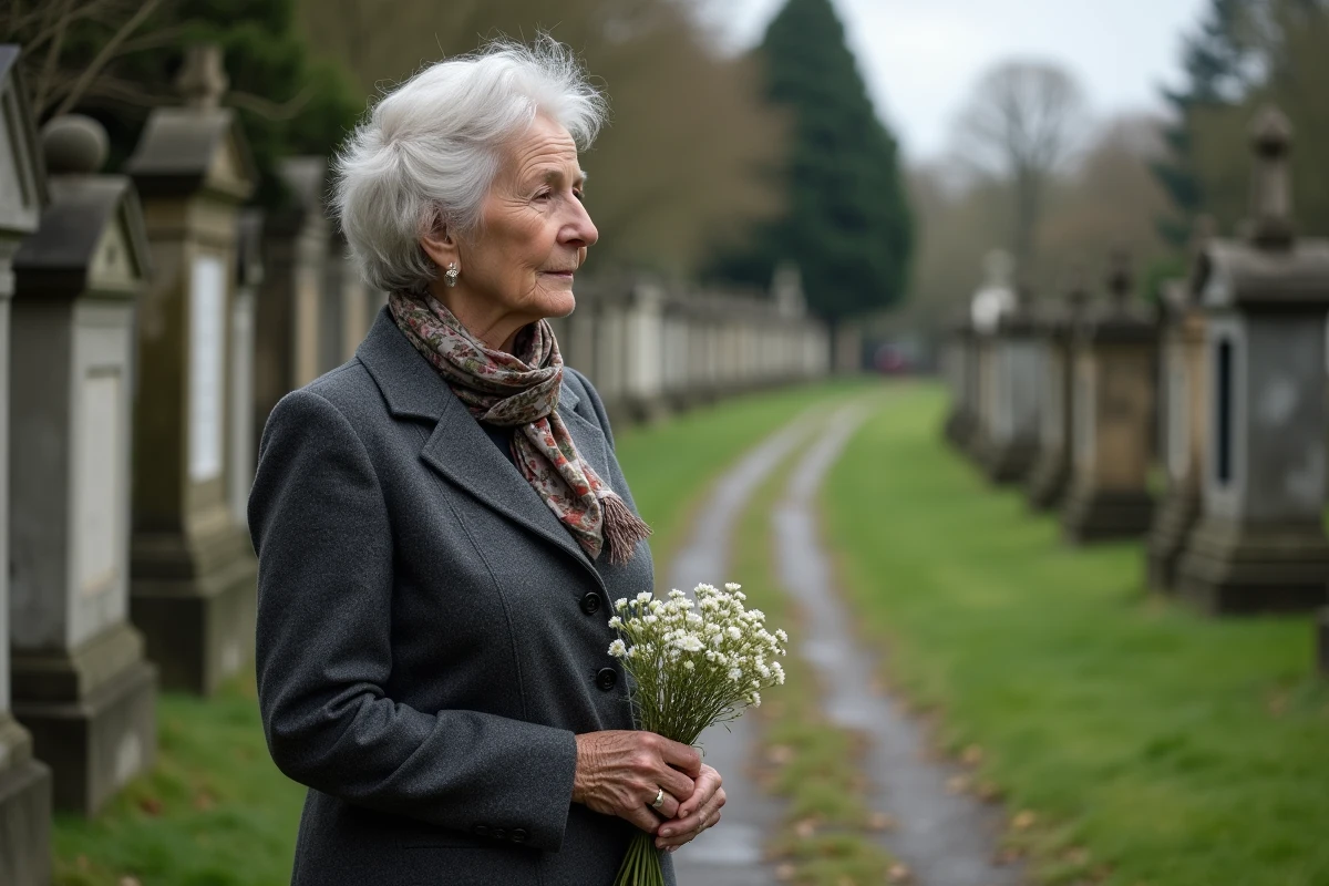 Femme mature tenant des fleurs dans un cimeti&egrave;re