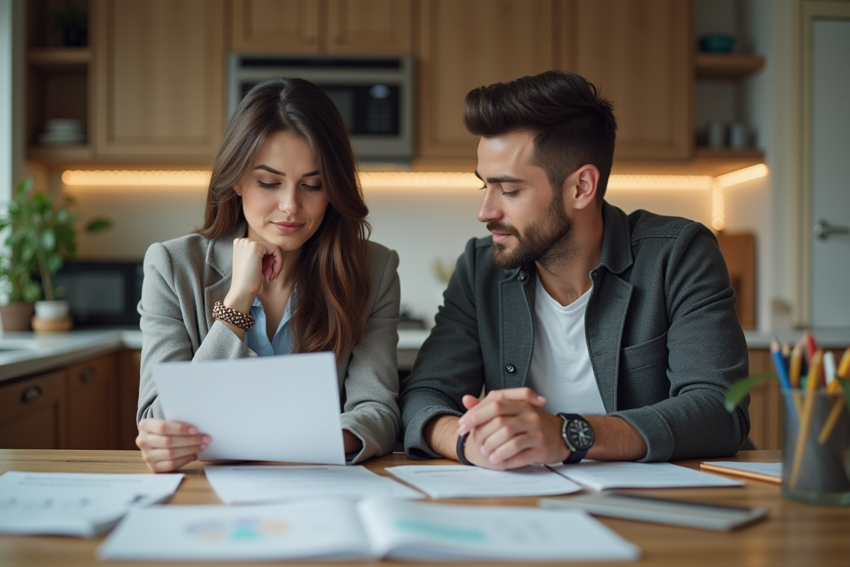 Femme en tenue de bureau examine des factures dans une cuisine moderne
