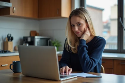 Femme examinant son compte CAF sur son ordinateur &agrave; la maison