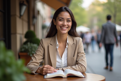 Femme souriante dans un caf&eacute; urbain en ext&eacute;rieur