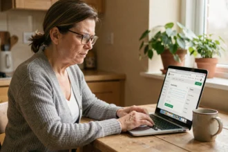 Femme d'une cinquantaine d'années consultant le portail Mon Proxima sur un ordinateur portable dans sa cuisine pour suivre une tutelle en ligne