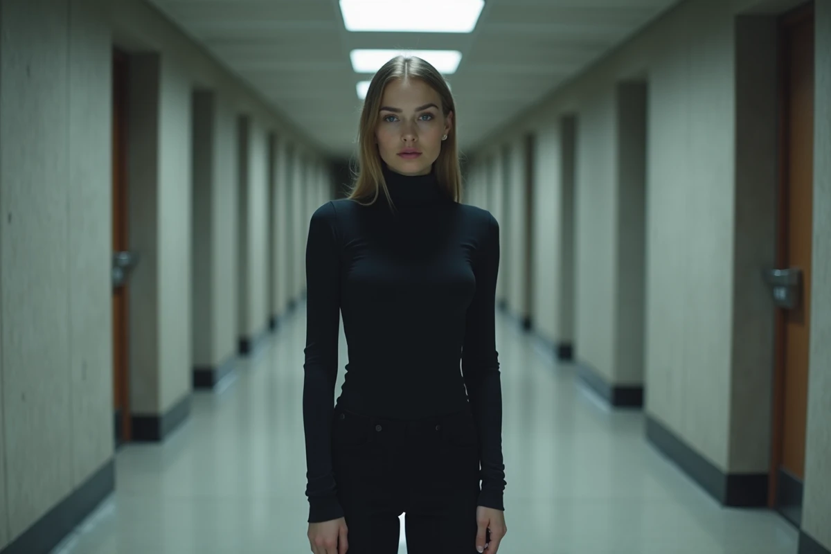 Femme au regard perçant debout dans un couloir de béton vide illustrant l'isolement psychologique et la discipline des personnages assassins Zoldyk