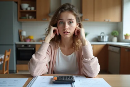 Jeune femme pensant dans une cuisine moderne