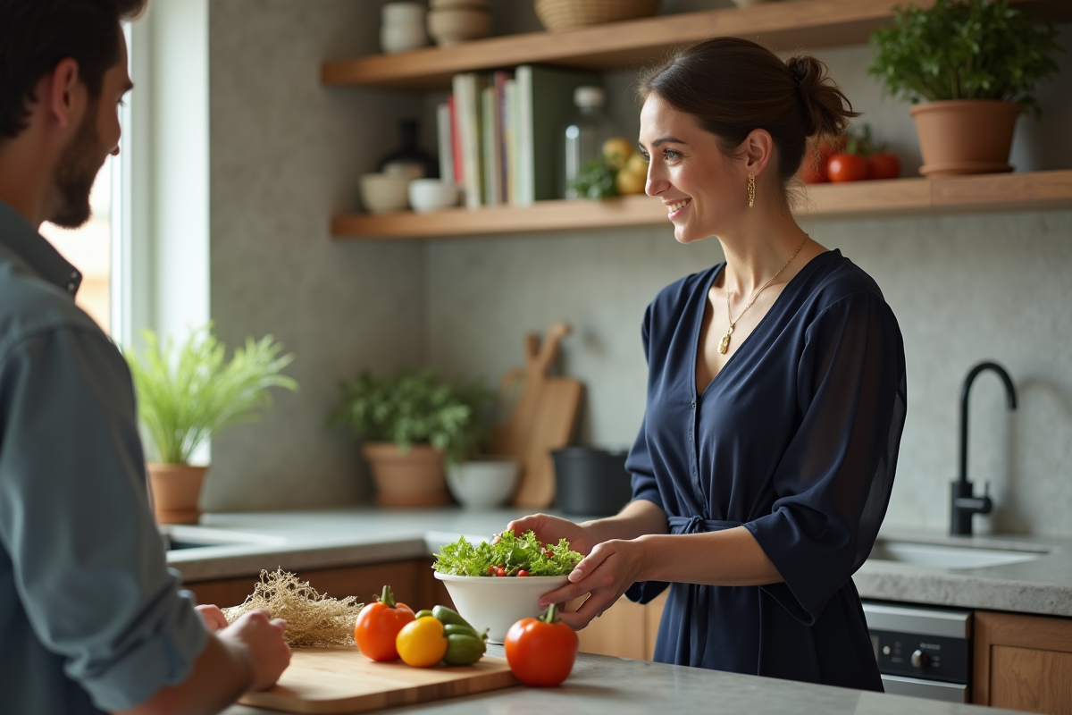 Femme préparant une salade dans une cuisine moderne