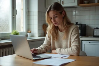 Femme consultant des documents CAF à son domicile pour déclarer un changement de situation en 2026