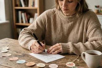 Femme écrivant un mot d'anniversaire manuscrit pour un ami à distance, assise à un bureau en bois chaleureux