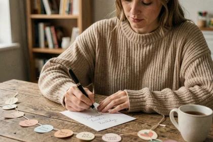 Femme écrivant un mot d'anniversaire manuscrit pour un ami à distance, assise à un bureau en bois chaleureux