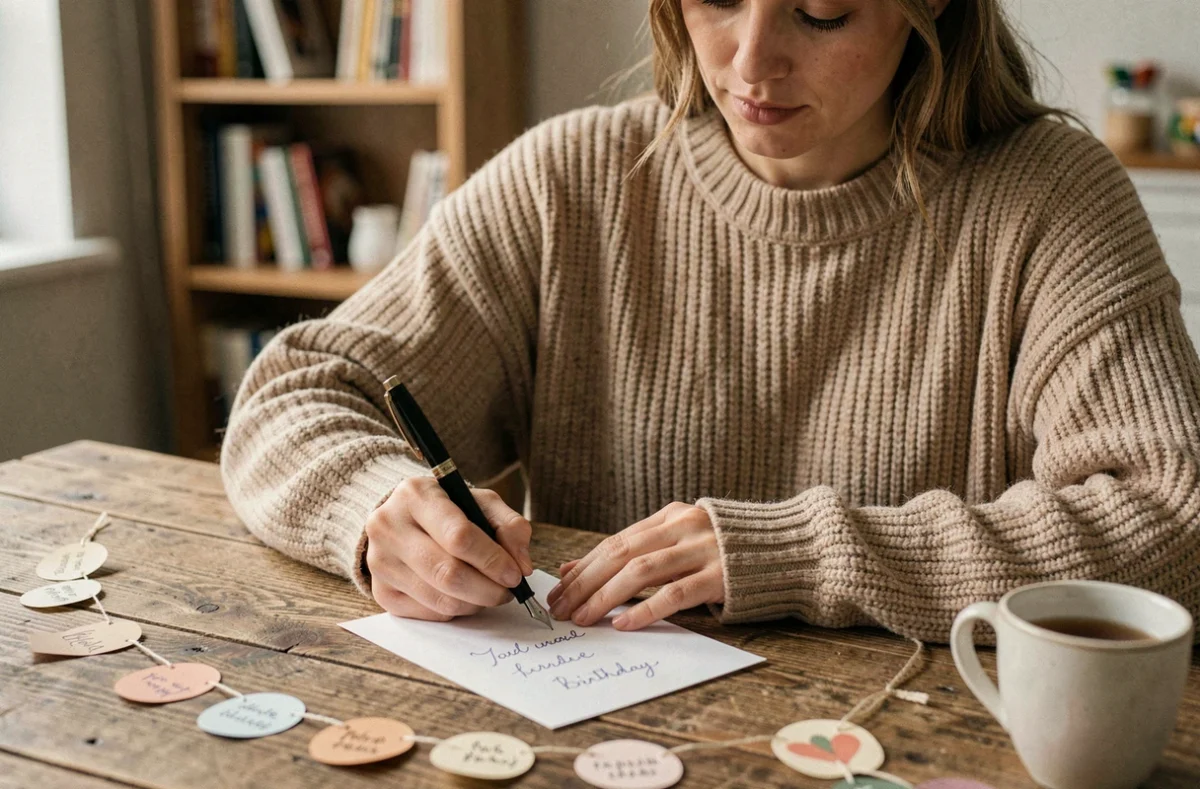 Femme écrivant un mot d'anniversaire manuscrit pour un ami à distance, assise à un bureau en bois chaleureux
