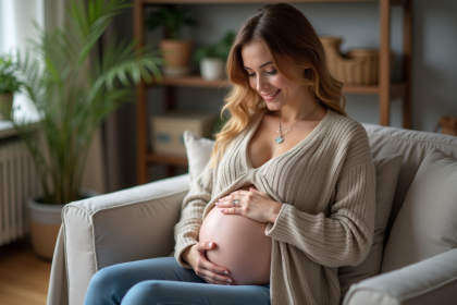Femme enceinte tenant un collier bola de grossesse dans un salon chaleureux