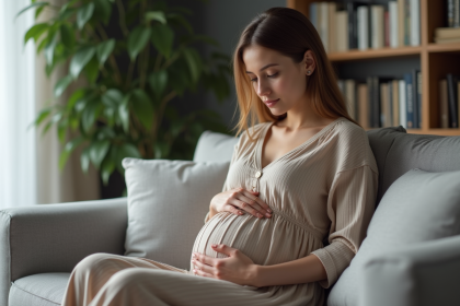 Femme enceinte paisible dans un salon moderne