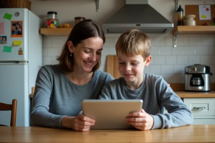 Femme et enfant organisant la famille sur une tablette