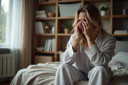 Femme fatiguée en pyjama dans une chambre chaleureuse