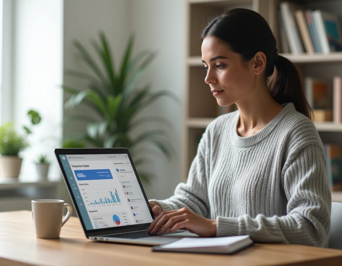 Femme utilisant un tableau de bord de compte en ligne pour gérer ses objectifs d'épargne en 2026