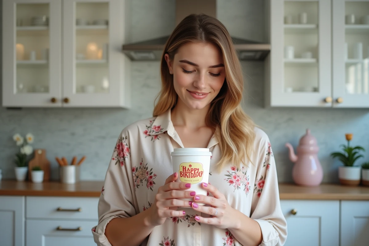 Femme tenant un gobelet personnalisé anniversaire imprimé dans une cuisine moderne lors de la préparation d'une fête